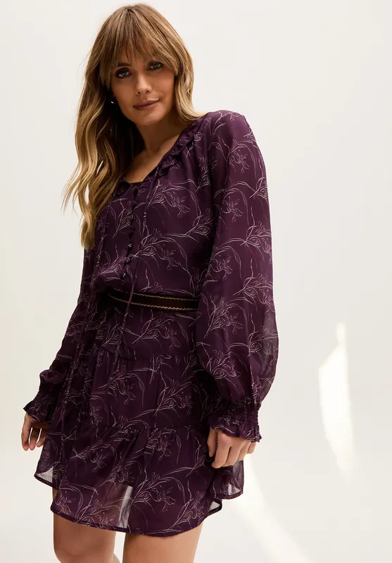 Henrietta Floral Print Button Down Mini Dress In Purple - Lily and Lionel