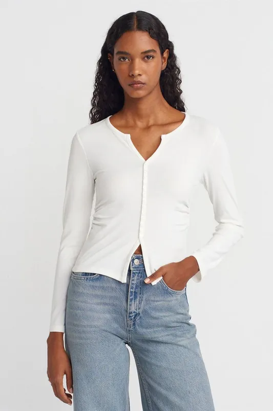 Slim Fit Ribbed Button-Front Blouse