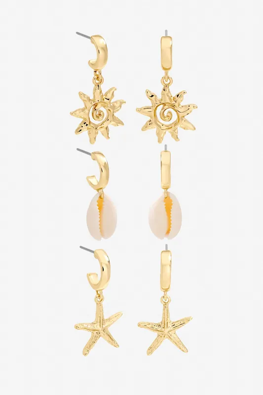 Gold Plated Real Shell Charm Earrings - Pack of 3