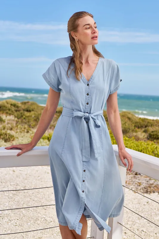 Tulum' Casual Soft Cotton Lightweight Button Through Denim Dress - Mountain Warehouse