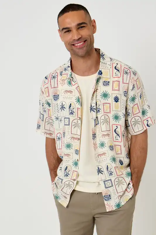 Tropical Stamp Print Relaxed Fit Short Sleeve Shirt - Threadbare