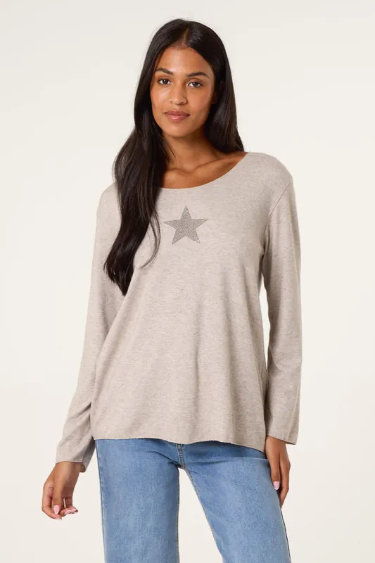 Stone Diamante Star Long Sleeve Jumper - Blue Vanilla
