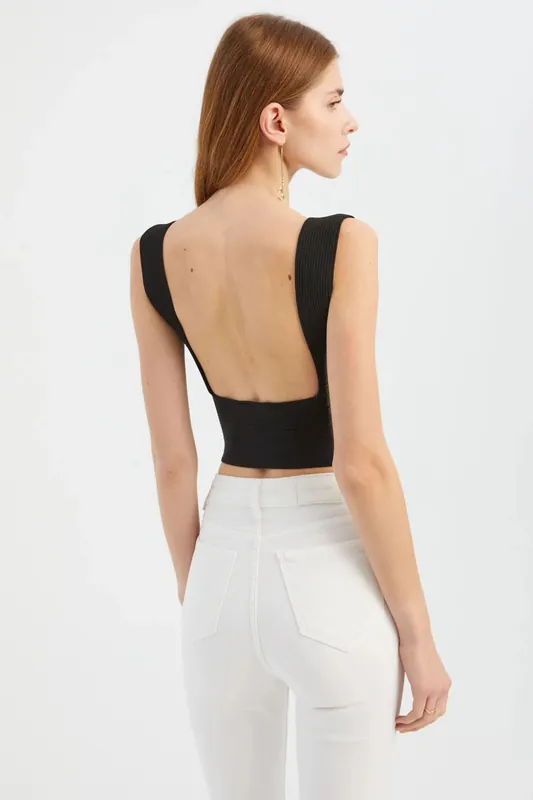 V-Neck Ribbed Knit Open Back Crop Top