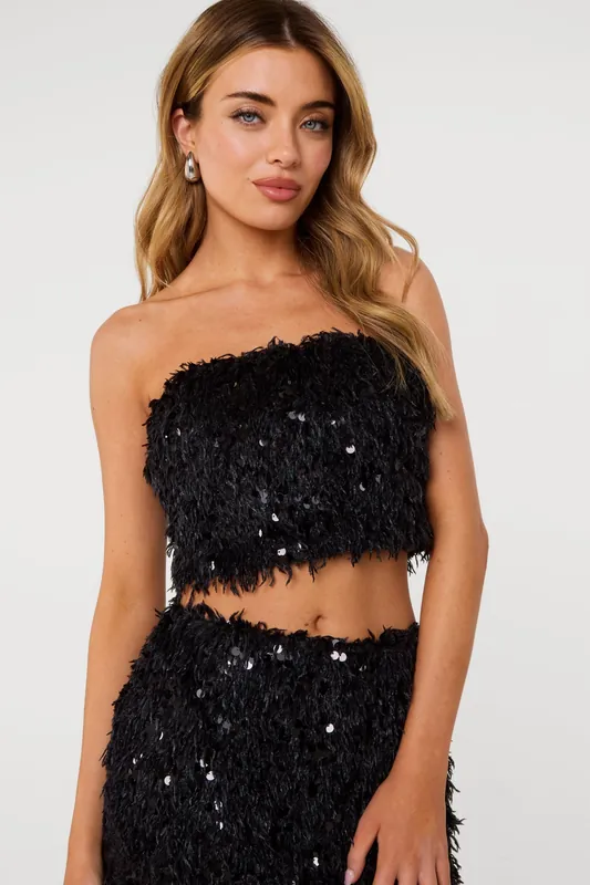 Black Feather Sequin Bandeau Top - Pink Vanilla