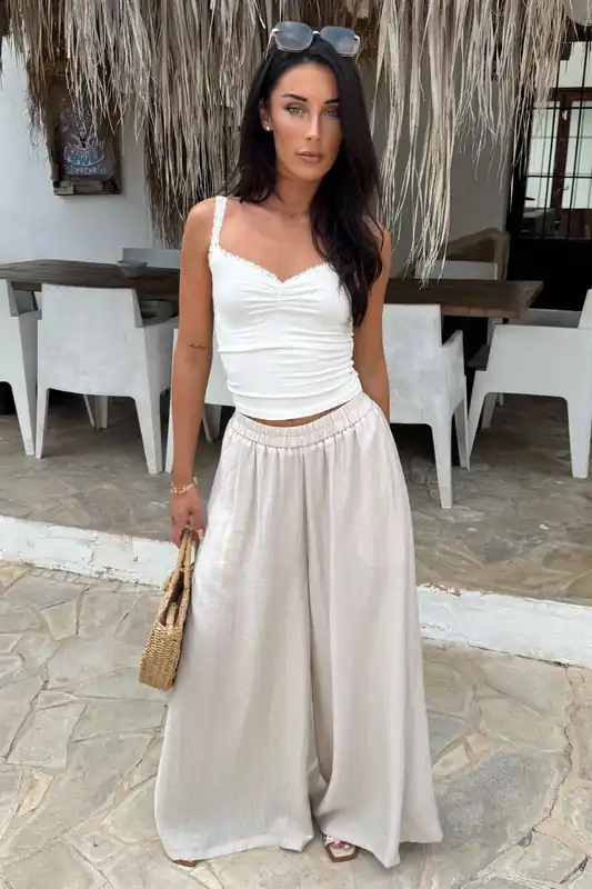 Stone High Waist Palazzo Trousers - AX Paris