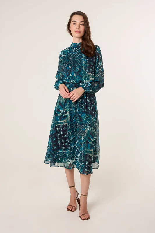 Teal Watercolour Paisley Puffball High Neck Midi Dress - Blue Vanilla