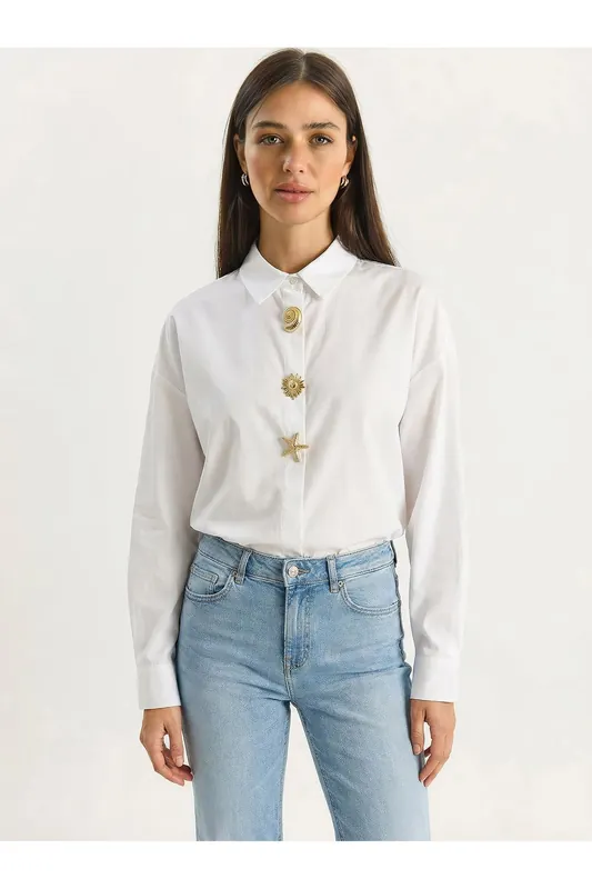 Button Detailed Poplin Shirt - Bianco Lucci