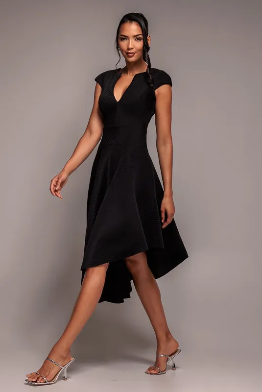 Cap Sleeve Textured Skater Asymmetric Midi Dress - Goddiva