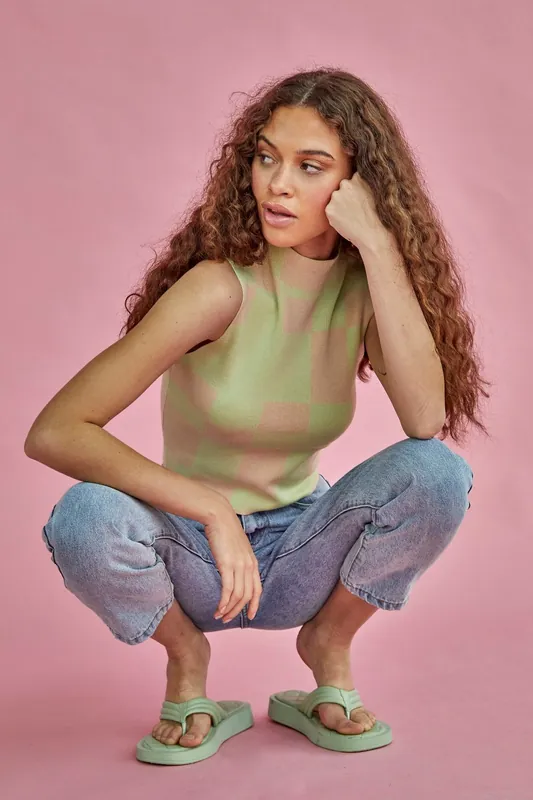 High Neck Intarsia Tank Top in Lily Green Stone - Shnoo