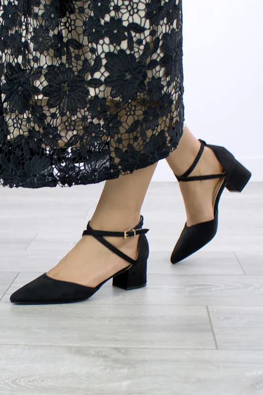 Mid Block Heel Faux Suede Pointed Toe Evening Party Strappy Shoes - AJVANI