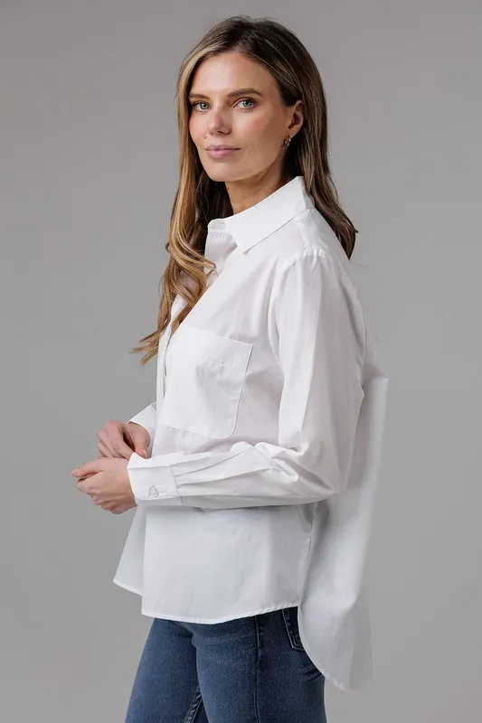 Cotton Long Sleeve Chest Pocket Poplin Popover High-Low Hem Shirt