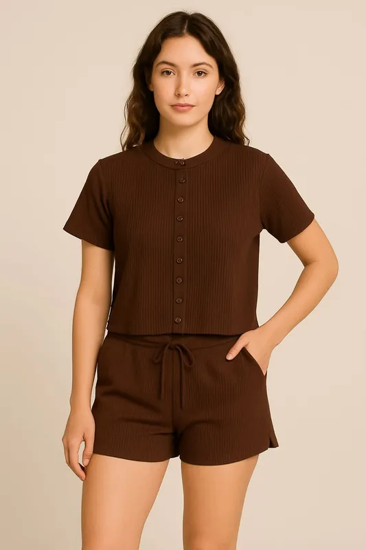 Ribbed Button-Through Short Sleeve Top and Shorts Co-ord