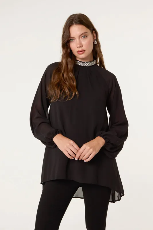 Black Embellished Collar Tunic Top - Blue Vanilla