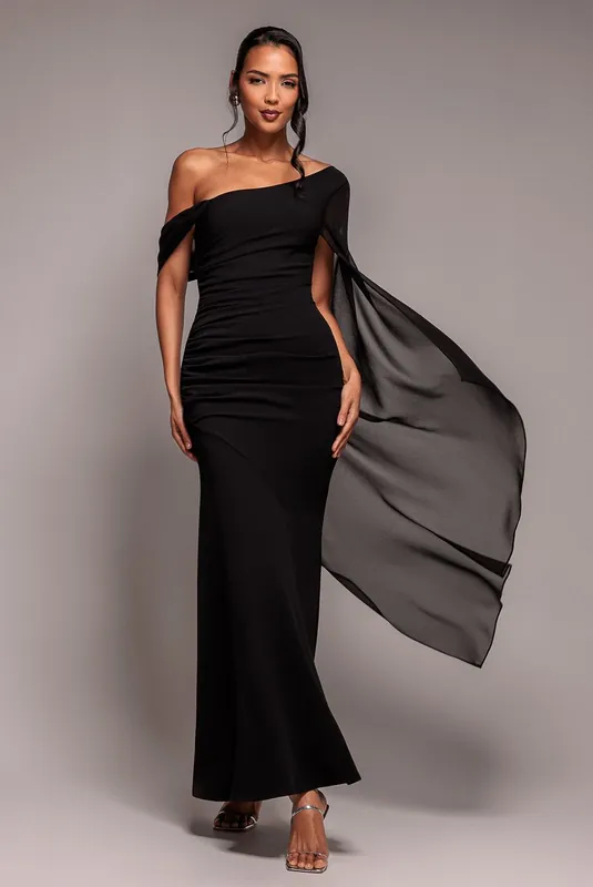 One Shoulder Cape Scuba & Chiffon Maxi Dress - Goddiva