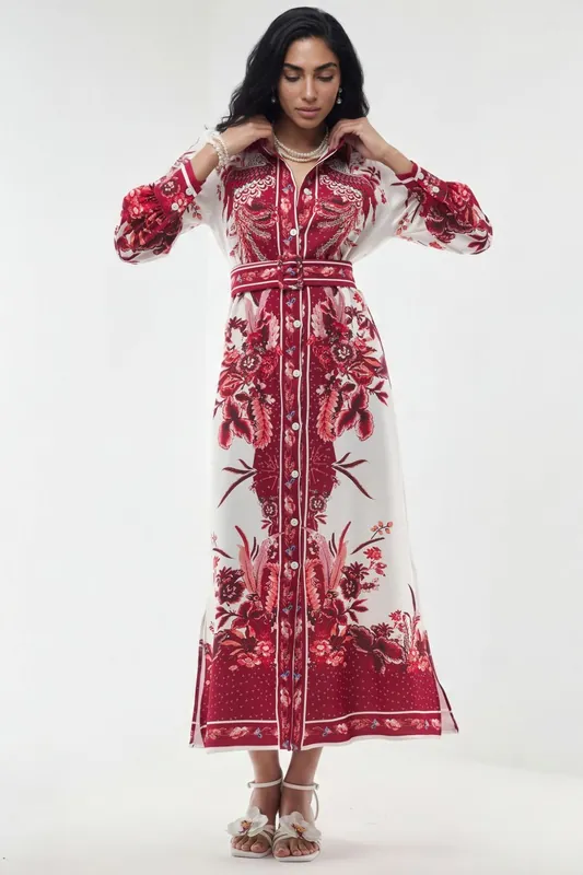 Floral Maxi Shirt Dress with Belt - MSN Collection