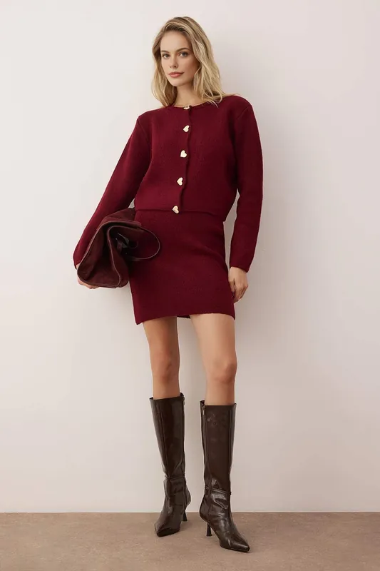 2 Piece Knitted Heart Button Cardigan and Mini Skirt Set - WOVCOR