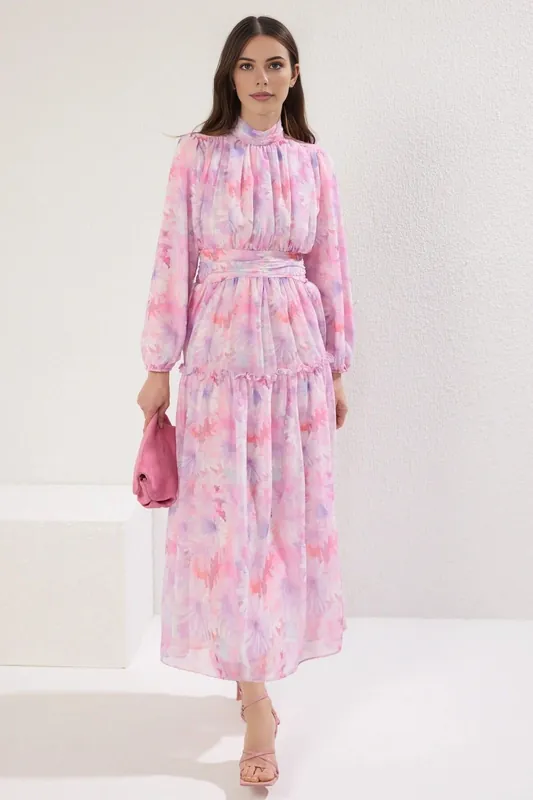 Floral Print Frill Detail High Neck Chiffon Maxi Dress - WOVCOR