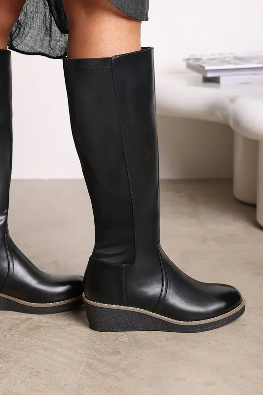 Livia' Knee High Wedge Boot With Stitch Detail - Where's That From