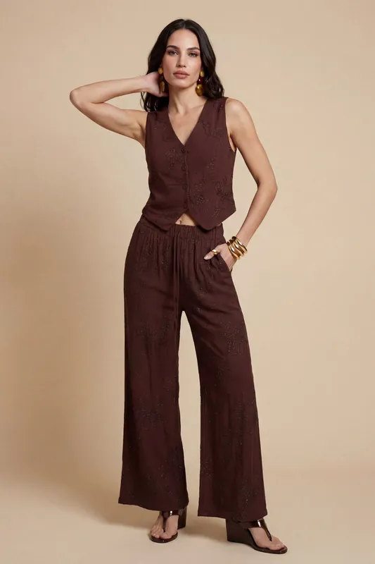 Metallic Wide Leg Trouser Chocolate - Urban Bliss