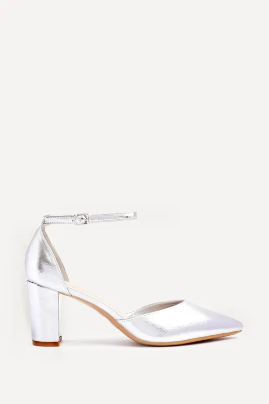 Leona Silver Faux Leather Closed Back Block Heeled Court Shoe - Linzi