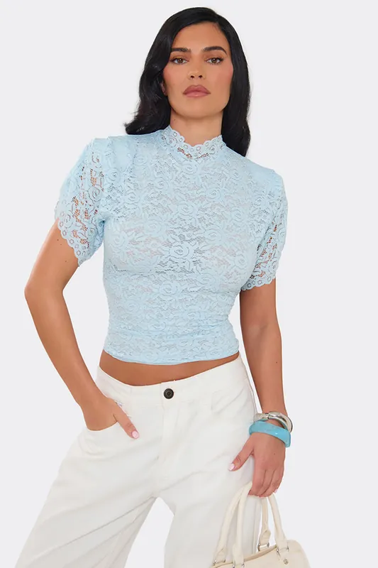 Short Sleeve High Neck Lace Top - EGO