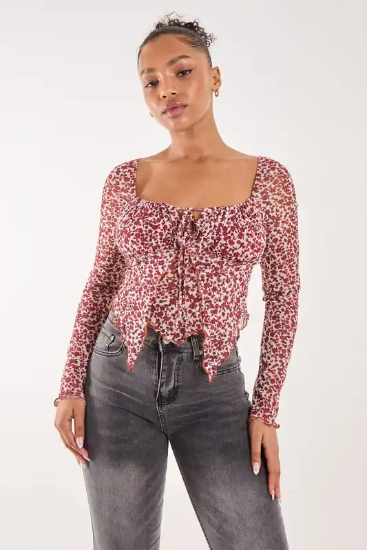 Ditsy Floral Print Long Sleeve Butterfly Top - Pink Vanilla