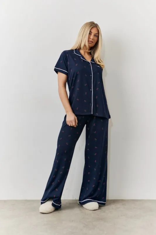 Navy Cherry Print Shirt and Trouser PJ Set - In The Style