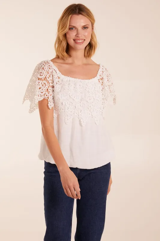 Crochet Lace Milkmaid Puff Ball Top - Blue Vanilla