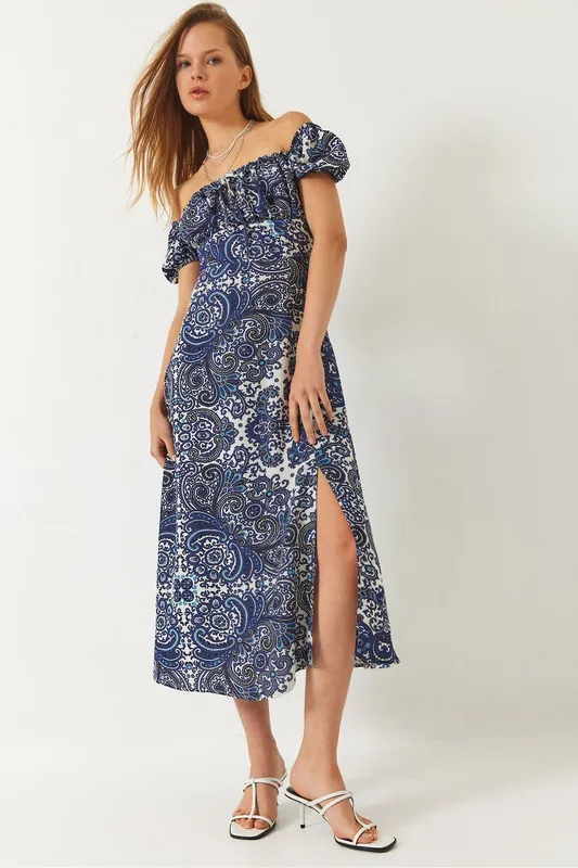 Patterned Strapless Midi Dress with Tie Closure - Bianco Lucci