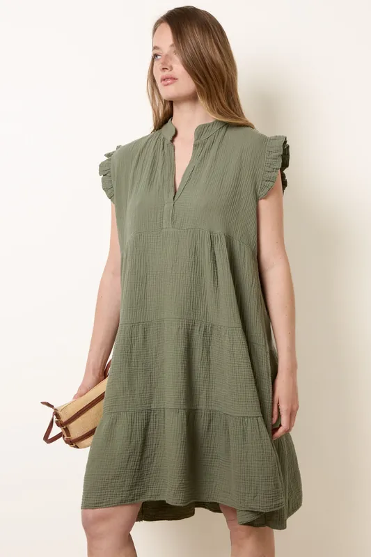 Khaki Cheesecloth Frill Sleeve Tunic - Blue Vanilla