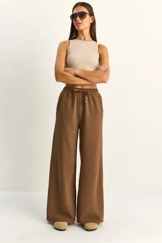 Wide Leg Cotton Trousers with Drawstring Waist - Bianco Lucci