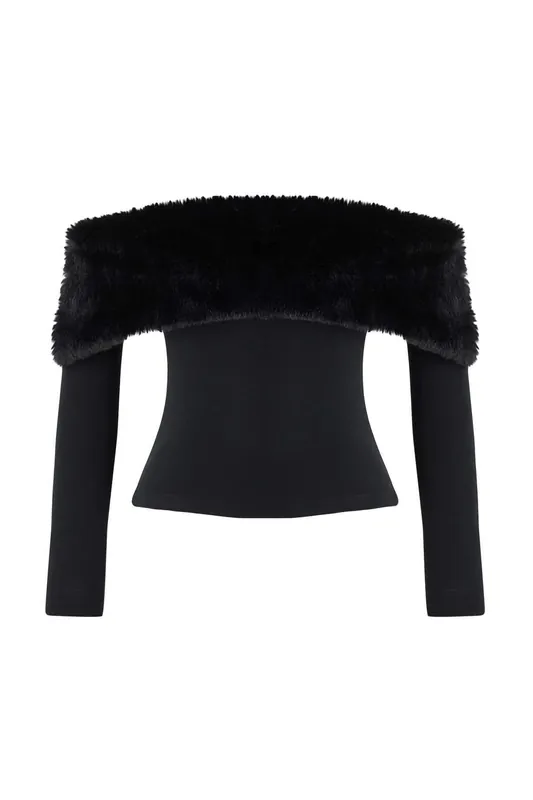 Faux Fur Bardot Neck Long Sleeve Knit Blouse - WOVCOR