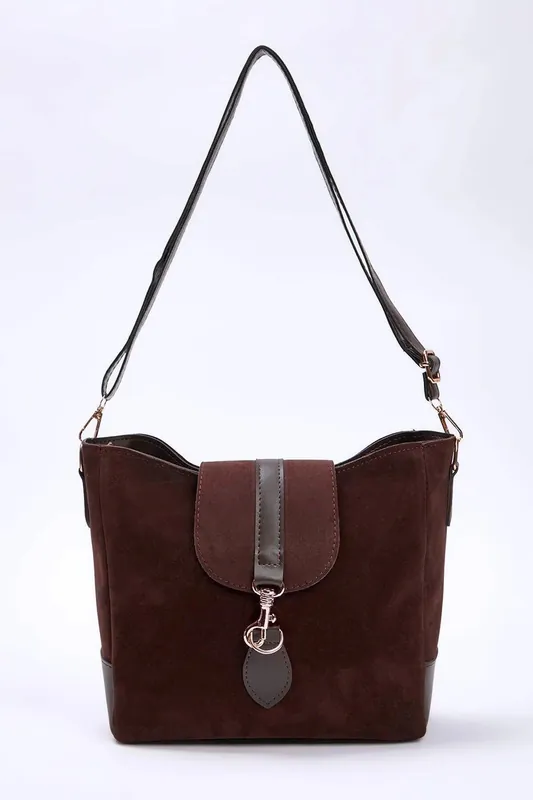 Women's Faux Suede Bucket Shoulder Bag with Clip Clasp Detail - WOVCOR