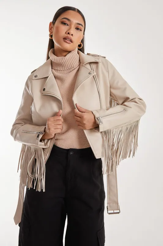 Fringed Cropped PU Jacket - Pink Vanilla