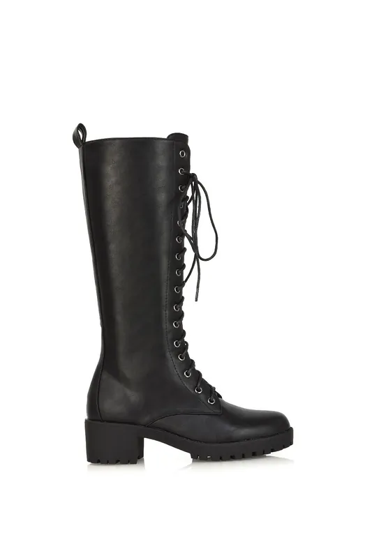 Aspen' Lace Up Block High Heel Knee High Biker Boots - XY London