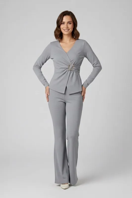 Peplum Wrap Long Sleeve and Wide Leg Trouser Co-ord Set