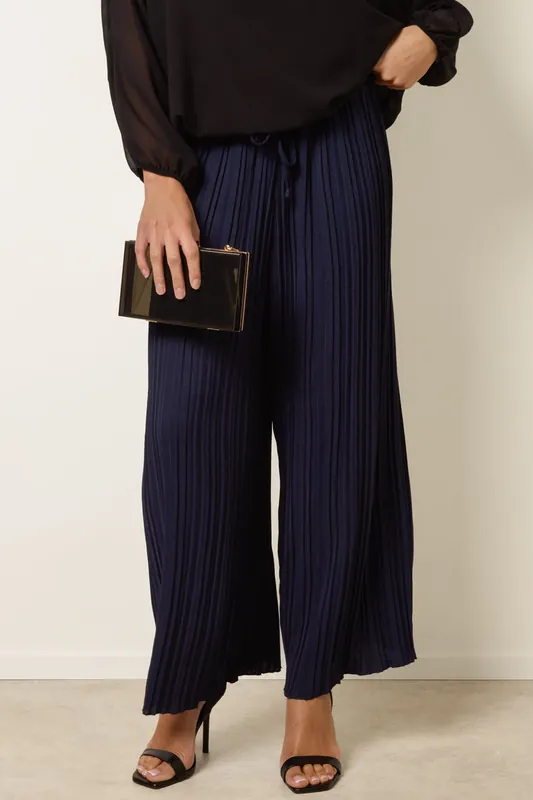 Navy Wide Leg Plisse Drawstring Trousers - Blue Vanilla