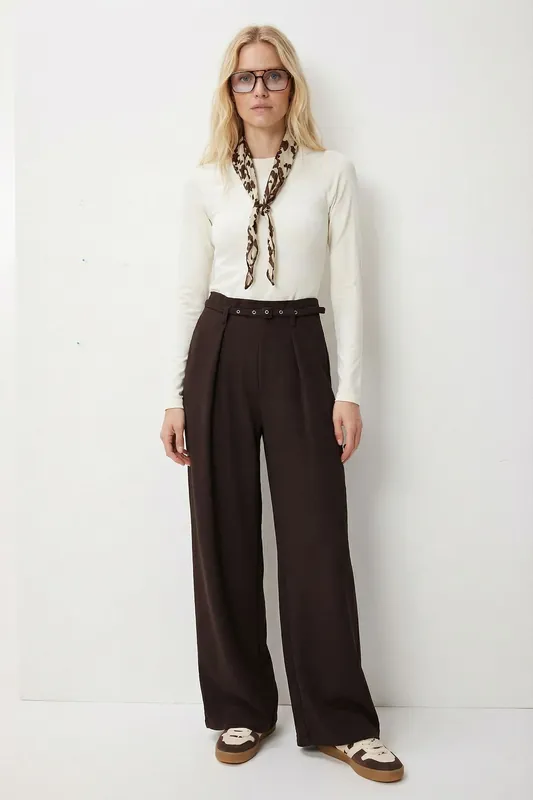 Pleated Belted Wide Leg Trousers - Happiness Istanbul