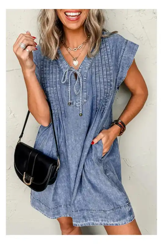 Beau Blue Tie V Neck Tucking Detail Short Sleeve Denim Shift Dress - Everyday The Label