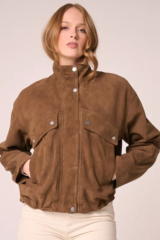 Real Suede Funnel Neck Bomber Jacket - Barneys Originals