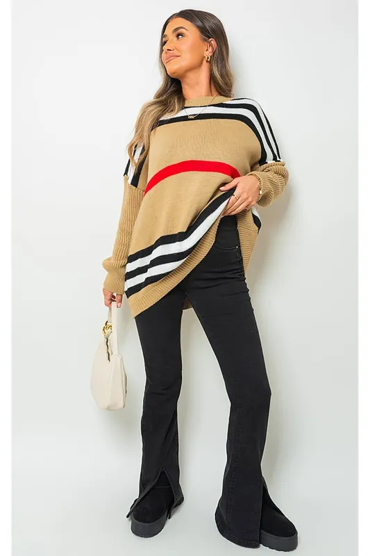 Ava Oversized Striped Long Sleeve Knitted Jumper - IKRUSH