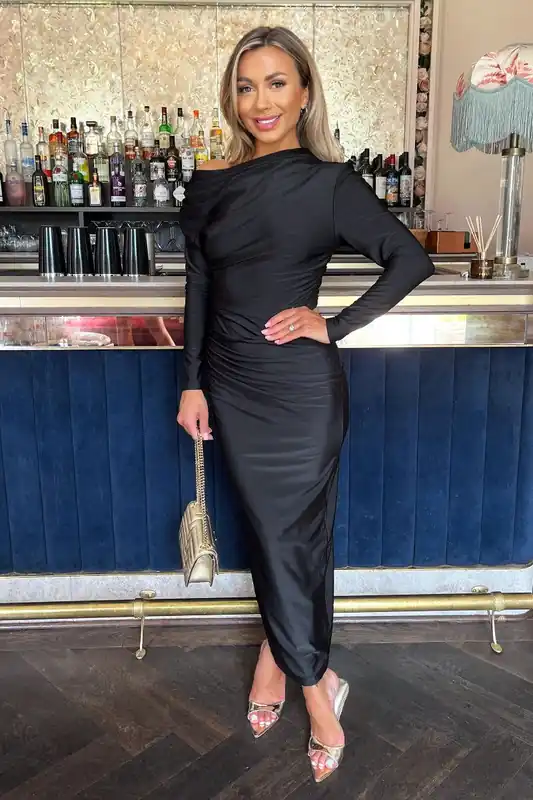 Black Off The Shoulder Long Sleeved Draped Midi Dress - AX Paris