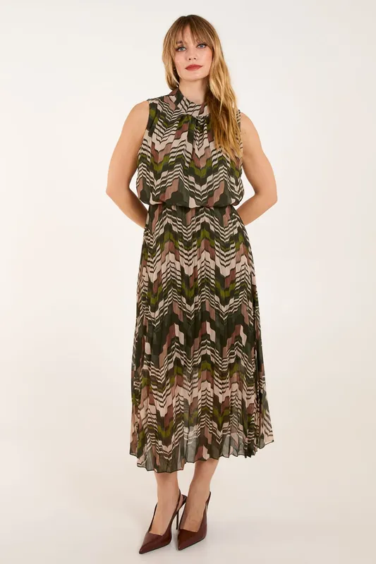 Tile Print High Neck Sleeveless Dress - Blue Vanilla
