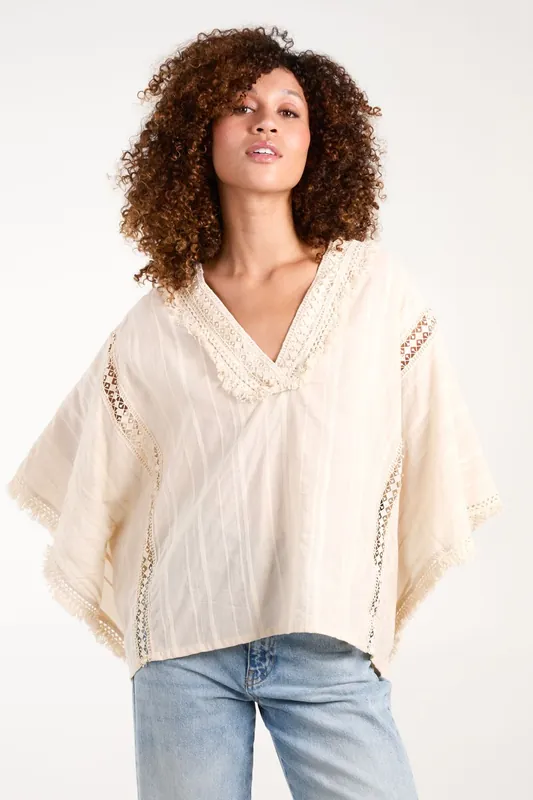 V Front Crochet Fringe Kimono Top - Blue Vanilla