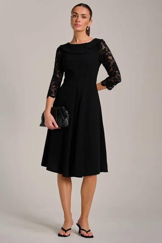 Roll Neck Lace Sleeve Fit & Flare Midi Dress - Jolie Moi