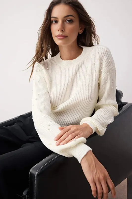 Crew Neck Knit Sweater with Pearl Details - WOVCOR