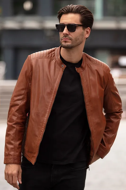 Elio' Ashwood Leather Mandarin Collar Biker Jacket
