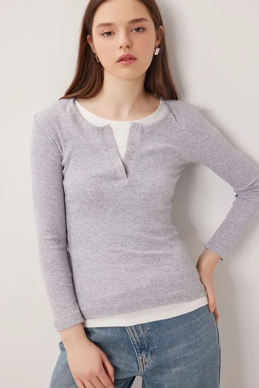 Slim Fit Ribbed Button-Up Long Sleeve Blouse
