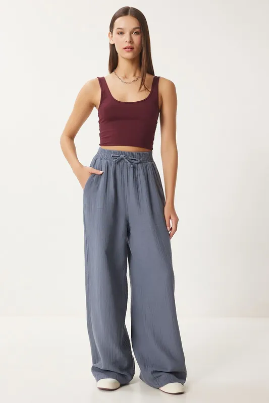 Wide Leg Drawstring Waist Pants with Binding Detail - Happiness Istanbul