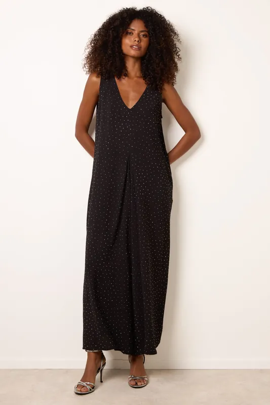 Black Pleat Front Diamante Jumpsuit - Blue Vanilla